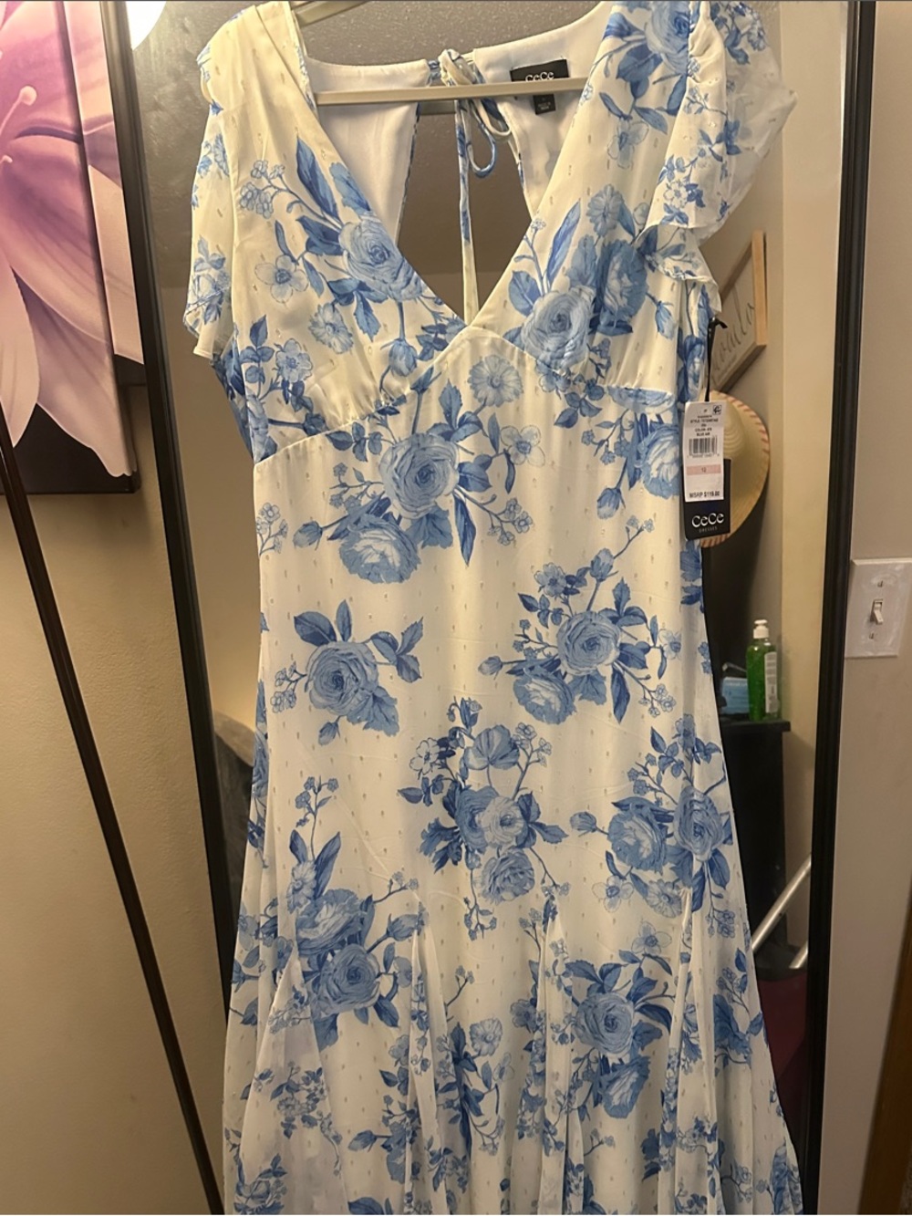 White & Blue Floral V-Neck Midi Dress